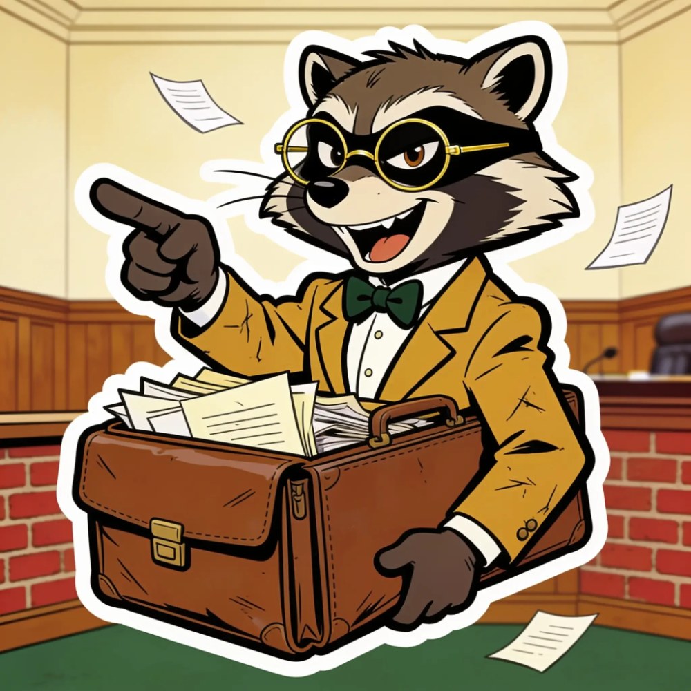 LOOPHOLE: a cartoon raccoon attorney in a mustard suit and round glasses, pointing and shouting objection